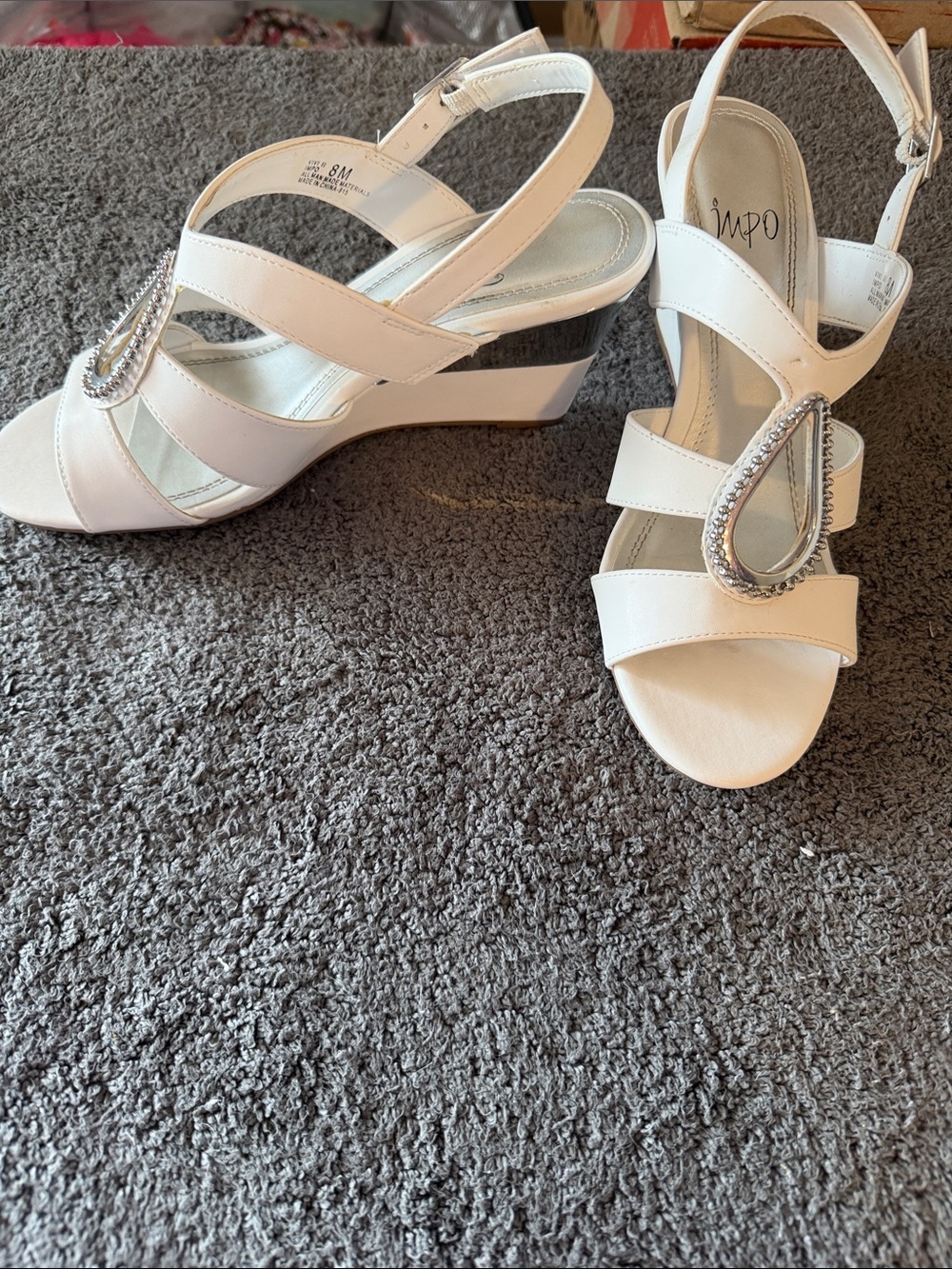 Impo White Wedge Sandals with Teardrop Crystal Accent